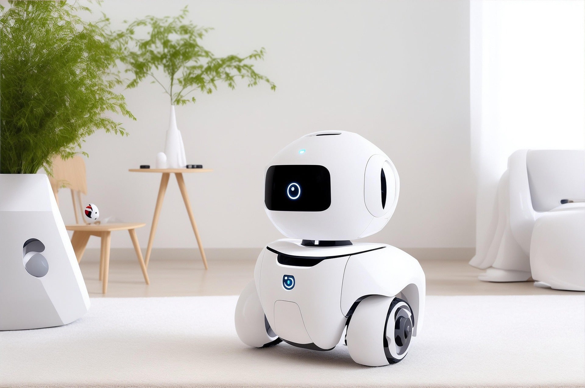Cute white robot standing in a modern, minimalist living space with greenery and furniture.