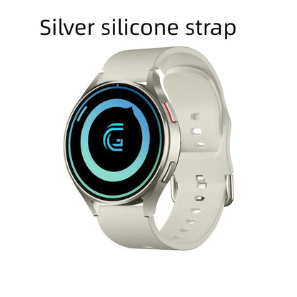 Smartwatch with a silver silicone strap on a white background