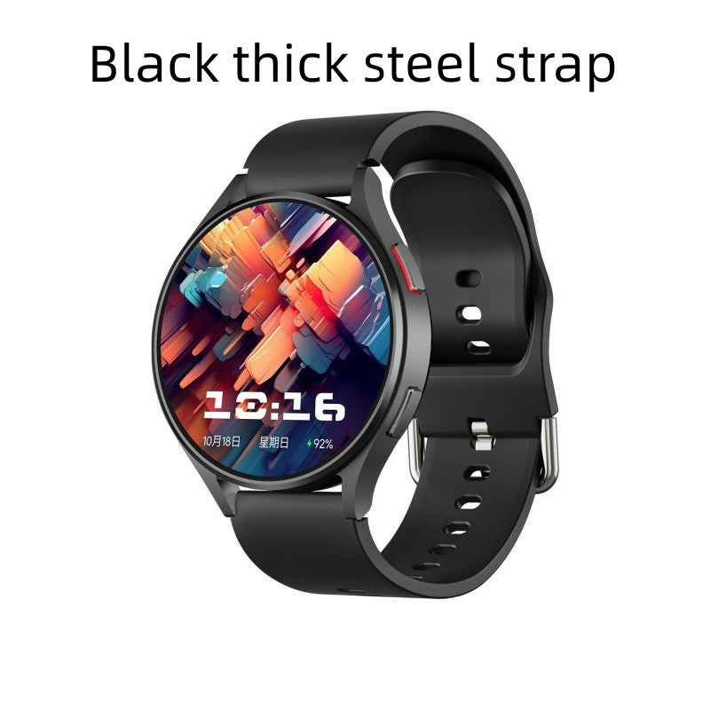 Smartwatch with a black thick steel strap on a white background