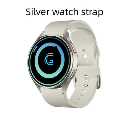 Smartwatch with a silver watch strap on a white background