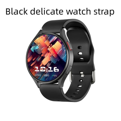 Smartwatch with a black delicate watch strap on a white background