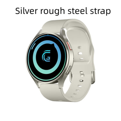 Smartwatch with a silver rough steel strap on a white background