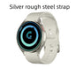 Smartwatch with a silver rough steel strap on a white background