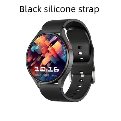 Smartwatch with a black silicone strap on a white background