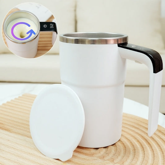 White mug with black handle on a wooden surface, with a close-up inset showing a digital display.