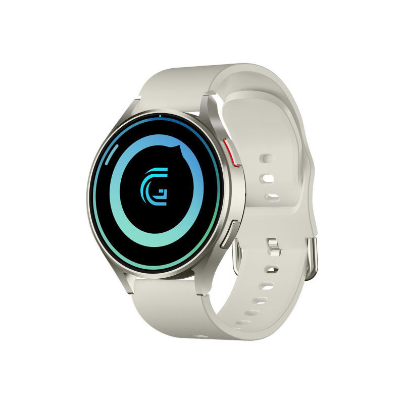 White smartwatch with a blue circular display on a white background